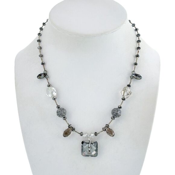 Vintage Artisan Sterling Silver Faceted Glass Beaded Heart Toggle Necklace 16" - Picture 1 of 5